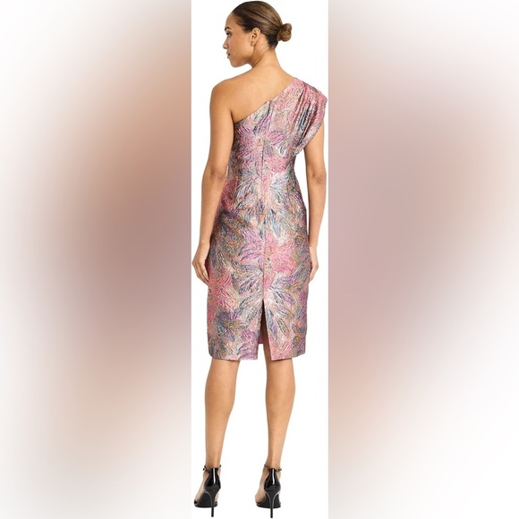Maggy London One-Shoulder Pink and Purple Midi Brocade/Jaquard Dress - Picture 9 of 12